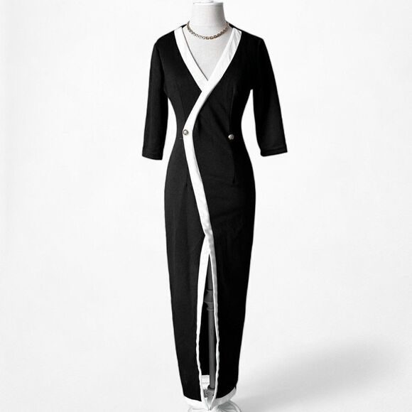 Black Button Front Colorblock Knit Front Slit Bodycon Maxi Dress Size S/M - Picture 4 of 7